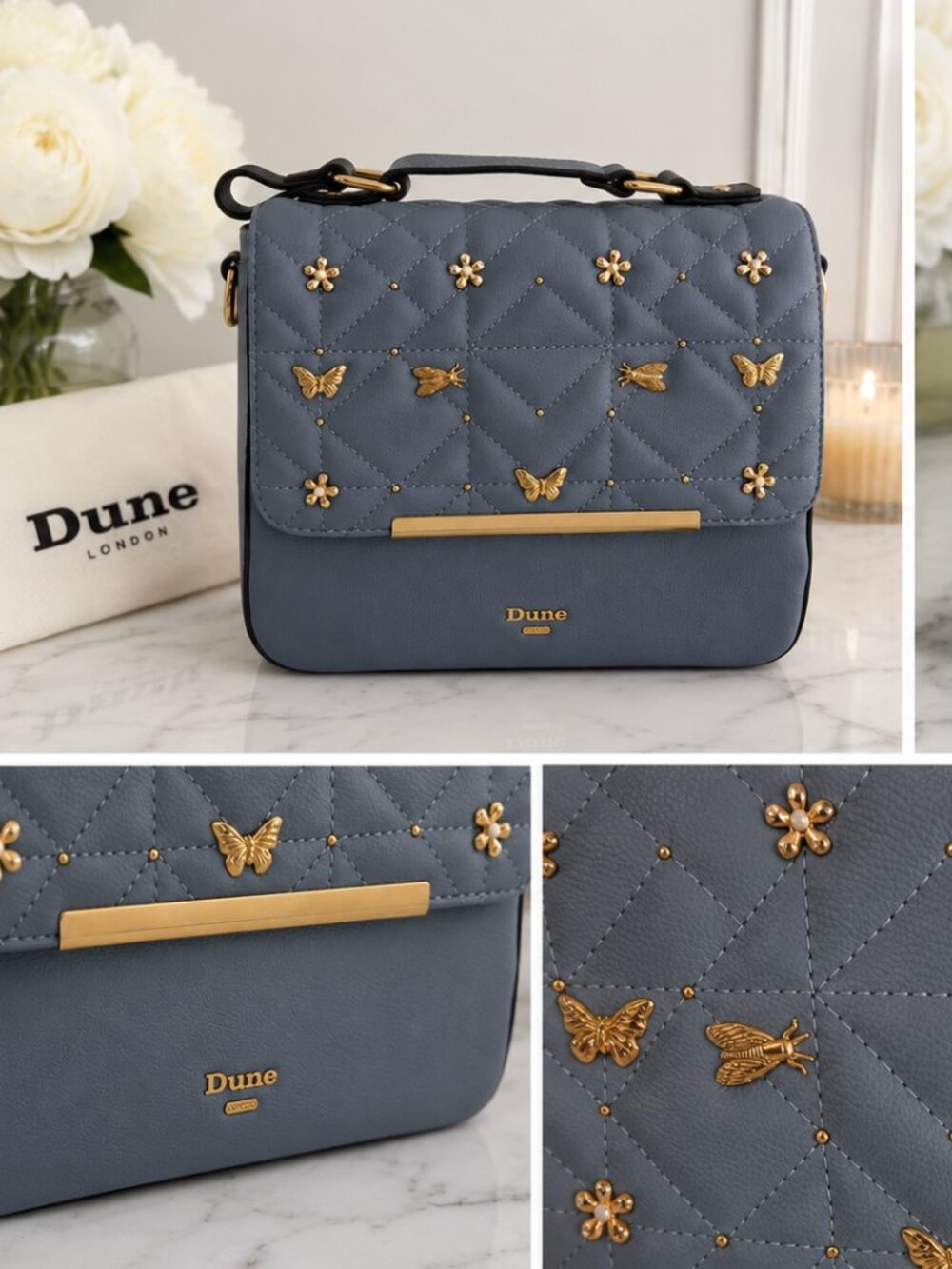 Dune London Blue Quilted Crossbody/Shoulder Bag with Gold Butterfly & Floral Emb